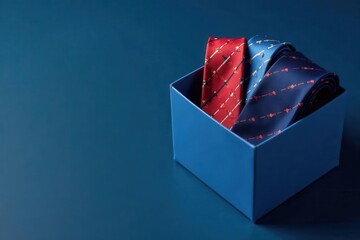 Blue gift box with assorted neckties on dark blue; Happy Father's Day banner design, ribbon, present