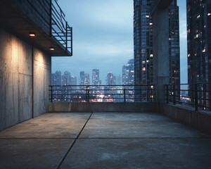Empty rooftop with concrete floor and metal railings, surrounded by tall glass buildings and city lights in the distance at dusk—ai generative.