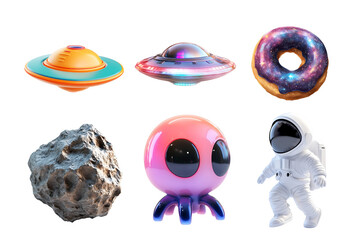 A vibrant collection of whimsical space-themed elements including UFOs, an astronaut, an alien character, a cosmic donut, and an asteroid, perfect for imaginative projects.