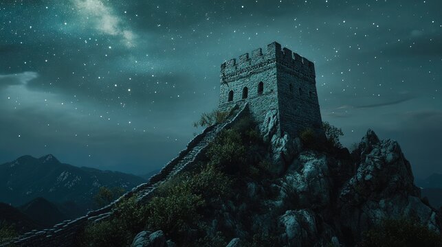Ancient tower of the Great Wall against a star-filled sky with subtle moonlight on the stones