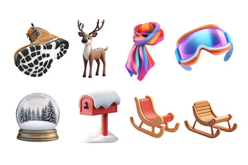 A vibrant collection of winter-themed icons including sleds, a deer, scarves, and snow globes, perfect for capturing the essence of the festive season and outdoor fun.
