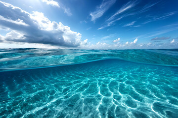 Blue ocean waves gently meet the horizon under a vast, cloud-dotted summer sky, reflecting the sun's light and the tranquil beauty of nature ai generated