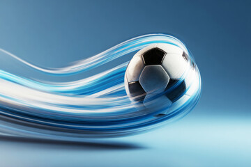 Soccer ball captured mid-flight against blue background with vivid motion blur forming a sweeping arc, emphasizing speed and direction—ai generative.