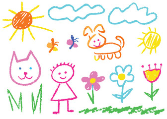 Set of cartoon illustrations of happy children with summer flowers and butterflies