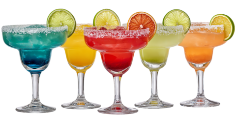 refreshing margaritas with colorful variations isolated on white background