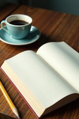 Naklejka premium Closed book, coffee, pencil, wooden table Design mockup , flatlay, background