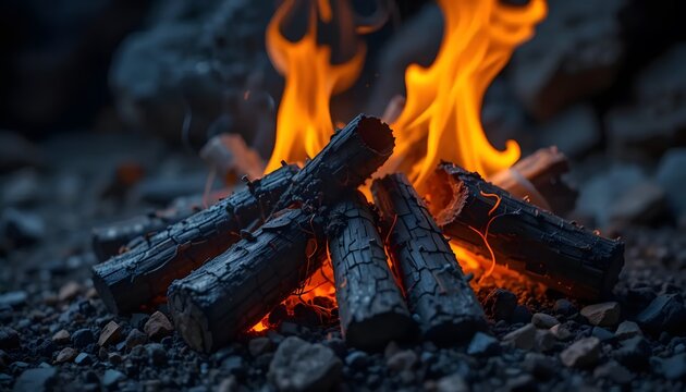 Cozy campfire burning wood logs for outdoor camping adventure stock photo