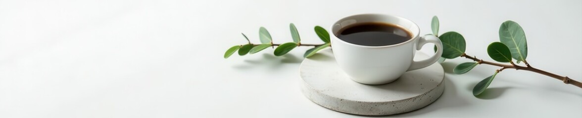 Coffee cup, eucalyptus sprigs, concrete tray Minimalist white backdrop , relax, background