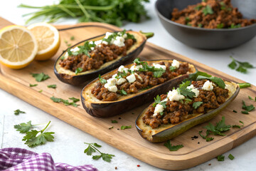 Delicious baked eggplant and feta cheese with herbs, a healthy vegetarian meal ai generated