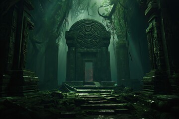 Mysterious ancient temple ruins in a dense lush jungle