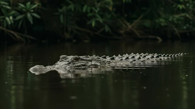 Intriguing close-up of a wild alligator swimming slowly in a dark river water