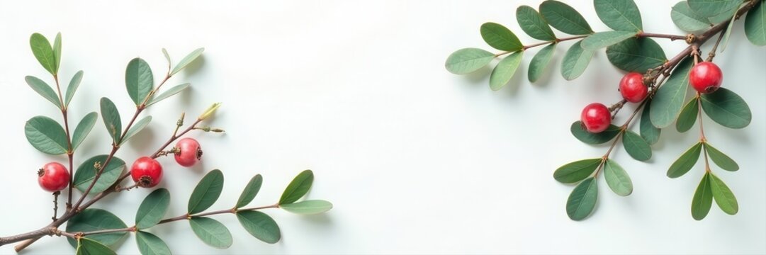 Elegant eucalyptus & populus sprig with berries, white backdrop  Modern greenery flatlay , fresh, arrangement, stock