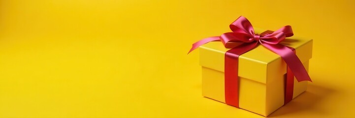 Elegant gift box with satin ribbon, surprise present Yellow background , satin ribbon, bow