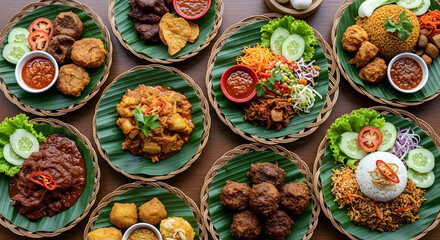 Fototapeta premium Overhead view of delicious indonesian dishes served on banana leaves with spicy sauces