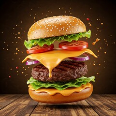 A deconstructed burger floats mid-air, showcasing juicy beef, melted cheese, crisp veggies, and golden buns