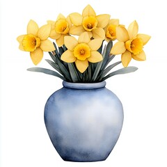 Watercolor Illustration of Yellow Daffodils in a Light Blue Vase