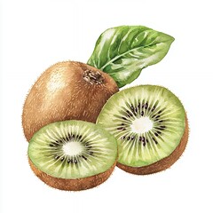 Watercolor Kiwifruit Still Life Whole and Sliced Kiwis with Leaf on White Background