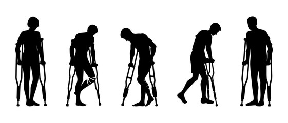 Patients With Crutches Silhouette Black Filled - Vector Illustration Icon.