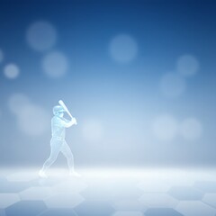 A semi-transparent baseball player swings mid-motion, set against a glowing blue backdrop with digital flair