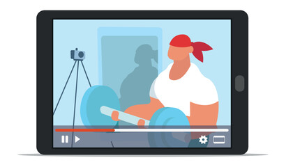 Strong athlete lifting weights while recording online fitness class with camera and tablet, promoting healthy lifestyle and home training during quarantine