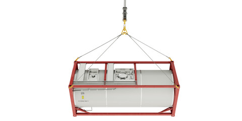 Side view of red tank container suspended by hooks. Isolated on transparent background. 3d illustration