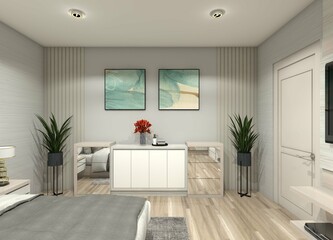 Minimalist and modern 3D storage cabinet or credenza design for bedroom and living room interiors