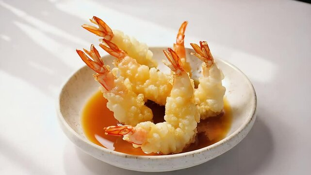 Rotating ebi tempura shrimps with soy sauce on white background