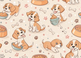 Playful puppies with bones in a whimsical background a cute seamless pattern for pet lovers in a cheerful environment