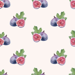 Fig fruit with leaves seamless pattern. Hand drawn watercolor pattern on light background. Fruit harvest and healthy food concept