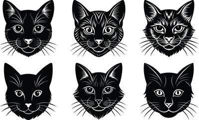 Cat faces set of vector bundle, silhouette, isolated on white background