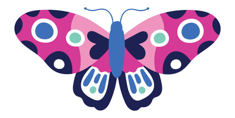 Pink butterfly with blue and dark dotted wings and antennae isolated on white background representing beauty of wildlife and colorful insects in nature