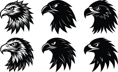 Eagle head silhouette vector set: bundle of bird of prey illustrations isolated on white background