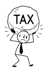 Cartoon stick figure businessman struggling with heavy rock. Vector illustration symbolizing business stress, tax burden and financial pressure. Simple yet powerful concept.