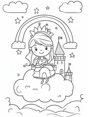 fairy tale princess, coloring book little girl in a crown, cartoon princess on a clouds