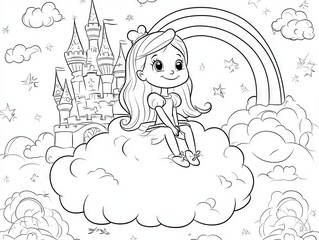 fairy tale princess in a castle , coloring book little girl in a crown, cartoon princess on a clouds