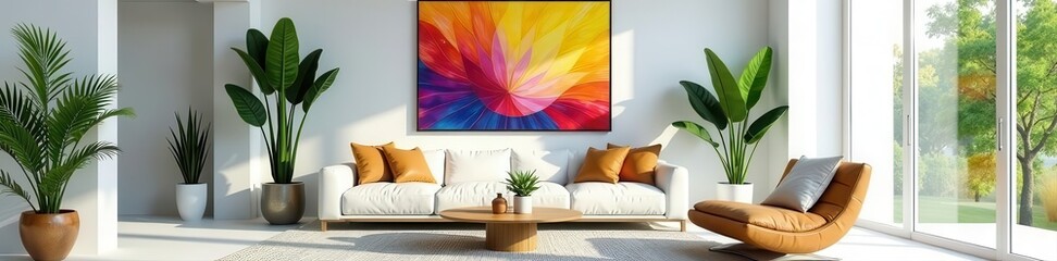 Modern luxury living room, white walls, abstract art, designer furniture, abundant plants , greenery, accessories
