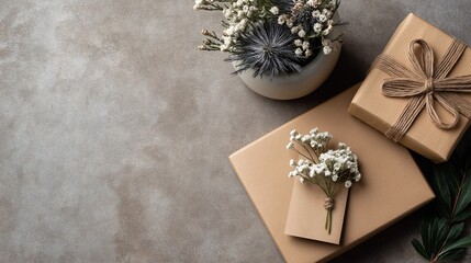 Fototapeta premium Two Gift Boxes Wrapped in Brown Kraft Paper with Hemp Rope and White Flowers. Warm and Natural Atmosphere on Gray Concrete Surface