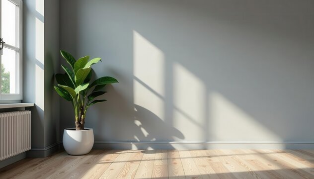 Modern grey home interior Grey design elements, wooden floor, plant , floor, wall, home