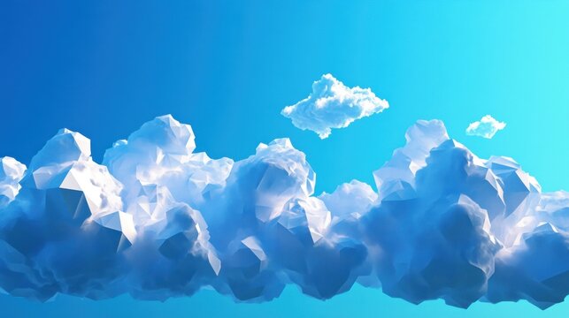 Low-poly cloudscape, digital art, vibrant sky, geometric clouds