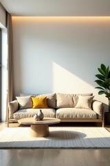 Modern minimalist living room, comfy sofa, empty space, light, neutral, home