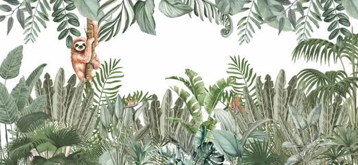 Gardinen Dschungel Kids Room Wall Mural: Monkeys in Lush Green Tropical Foliage Landscape Border  © csinie1