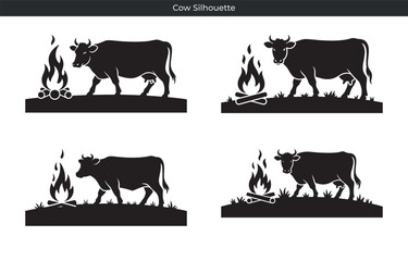 Black cow silhouette designs featuring campfire elements ideal for logos and graphic projects