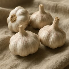 Obraz premium Four garlic bulbs on natural linen fabric