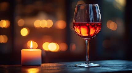 A glass of rich red wine illuminated by a soft candlelight
