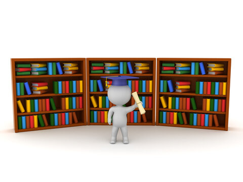 3D Character with gradiation hat in a library