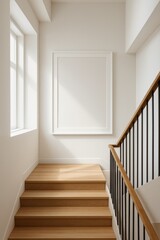 Modern minimalist staircase with white wall, wooden stairs, soft natural light and a huge empty frame on the wall