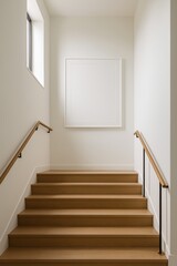 Modern minimalist staircase with white wall, wooden stairs, soft natural light and a huge empty frame on the wall