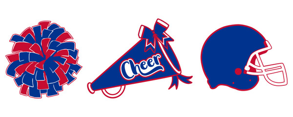 Football And Cheerleader. Vector items with red and blue pom-pom, megaphone, and football helmet.