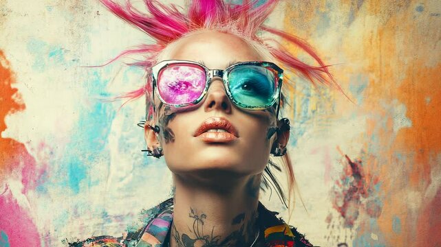 Vibrant Punk Portrait with Colorful Hair and Reflective Glasses, Abstract Artistic