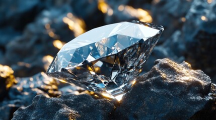 Pristine diamond unearthed, glowing rocks, dark background